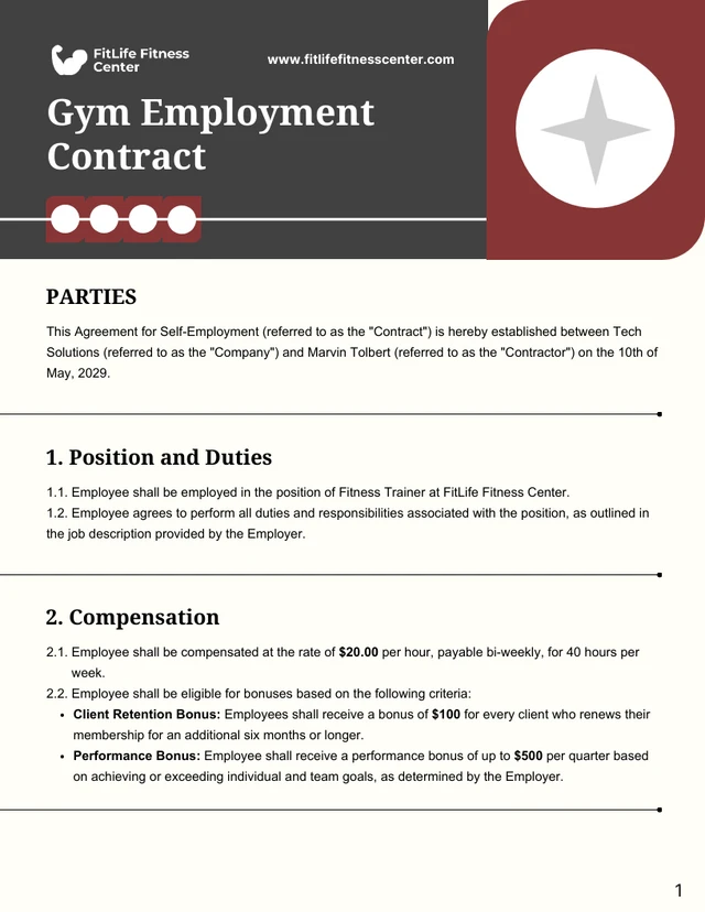 Gym Employment Contract Template - Page 1