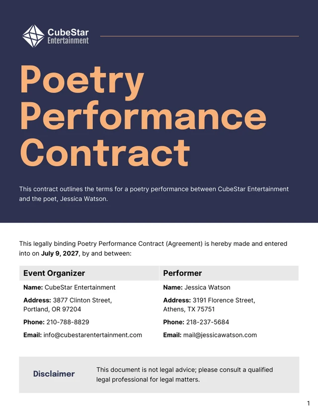 Poetry Performance Contract Template - Page 1