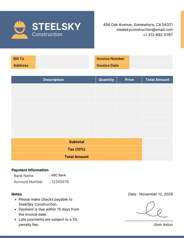 Blue and Yellow Minimalist Construction Invoice Template