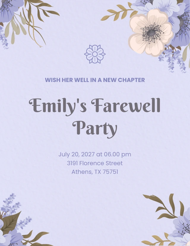 Blue Purple Modern Illustration Flower Farewell Party Invitation Template