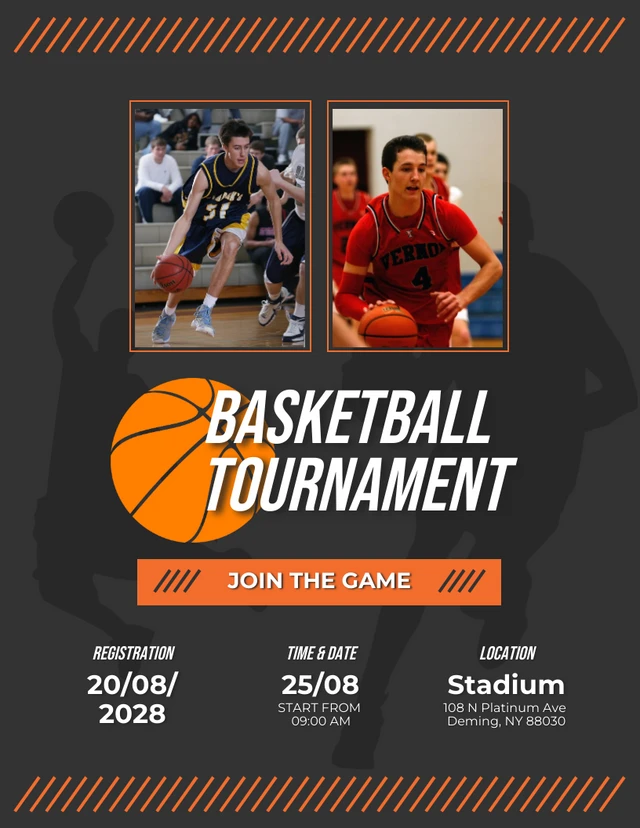 Schwarze und orange moderne geometrische Basketball-Turnier-Plakatvorlage
