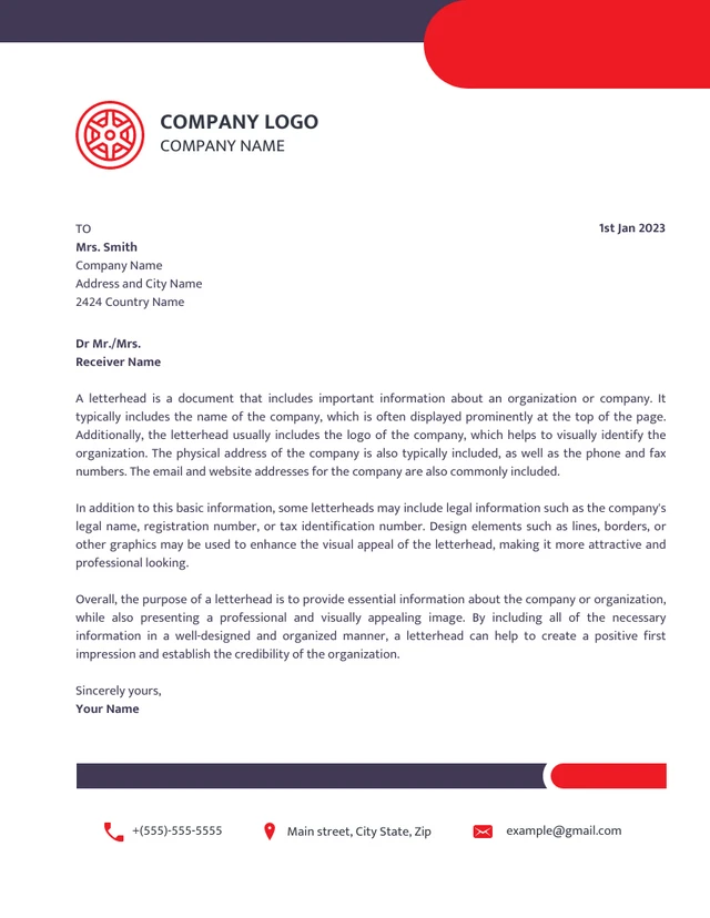 White Red And Purple Modern Company Letterhead Template