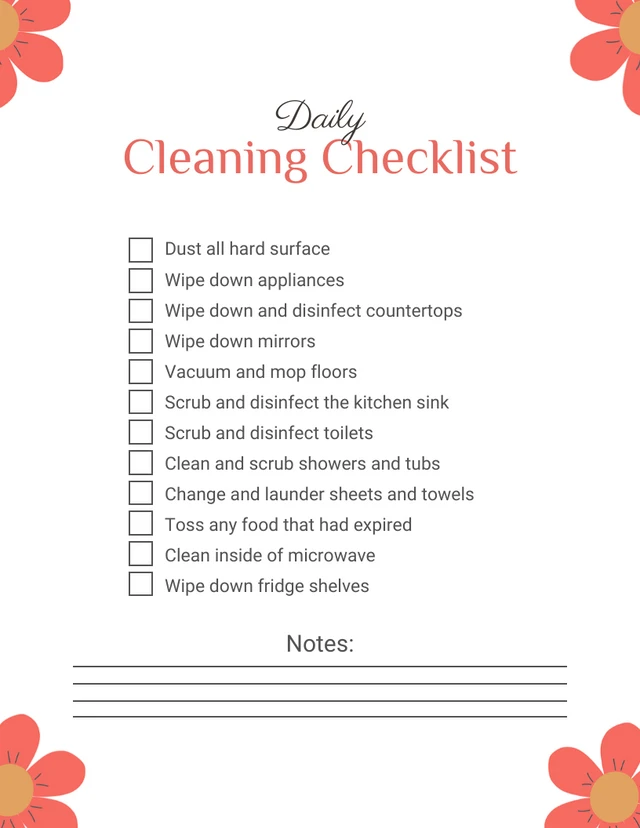 White Simple Floral Daily Cleaning Checklist Template