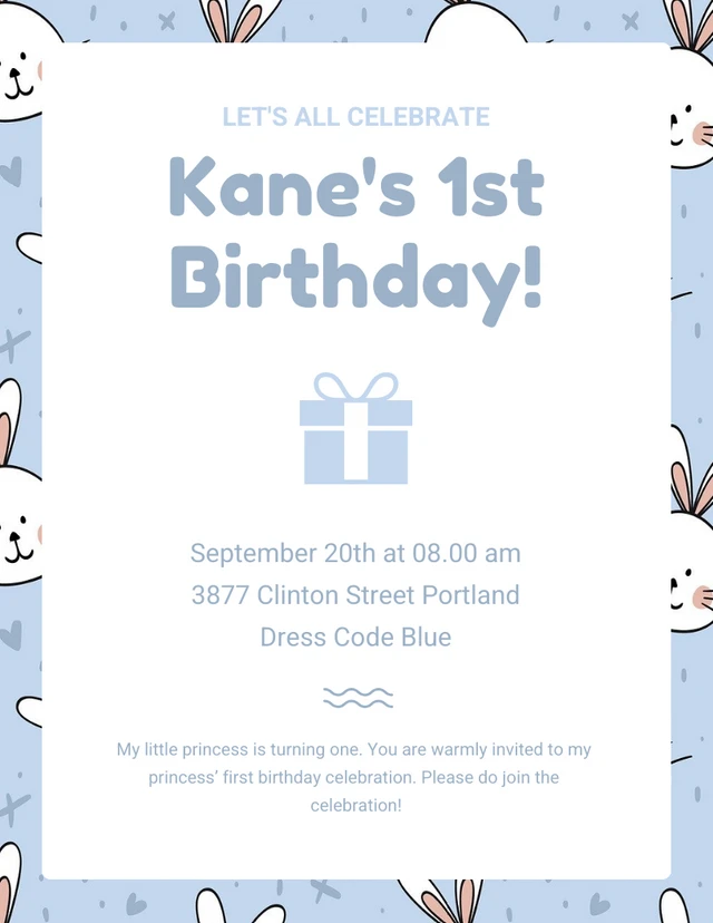 White And Blue Playful Cute Illustration Rabbit 1st Birthday Invitation Template