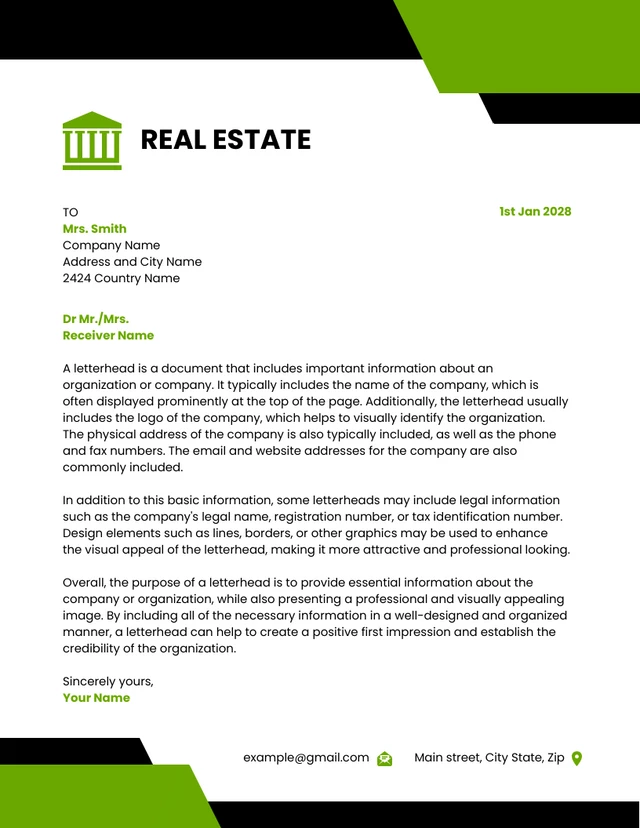 Green And Black Modern Professional Real Estate Letterhead Template
