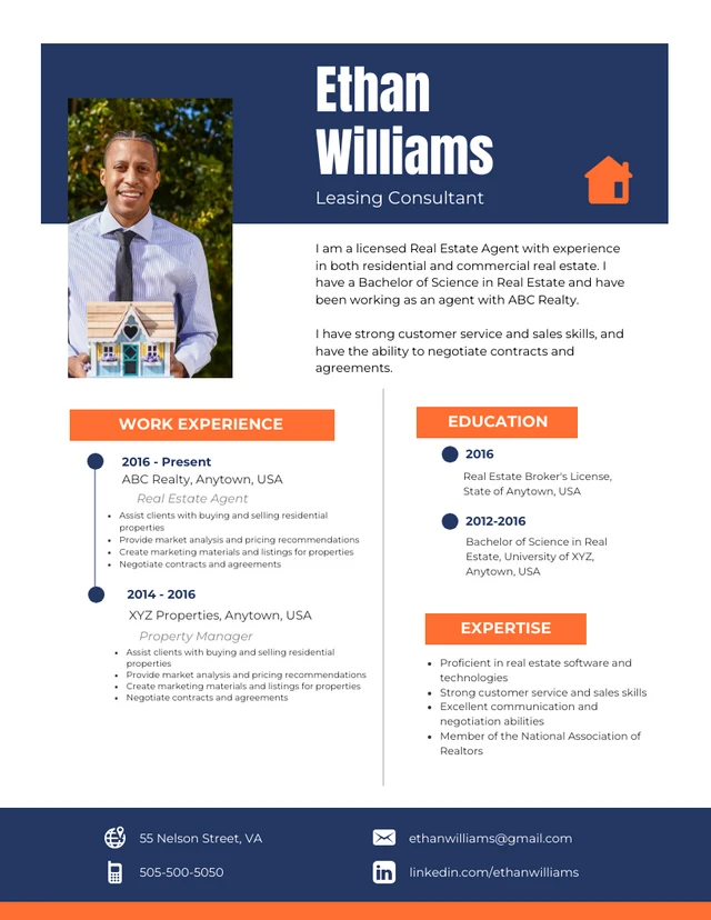 Blue And Orange Modern Professional Real Estate Resume Template