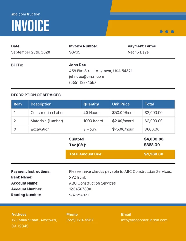 Simple Blue and Yellow Construction Invoice Template
