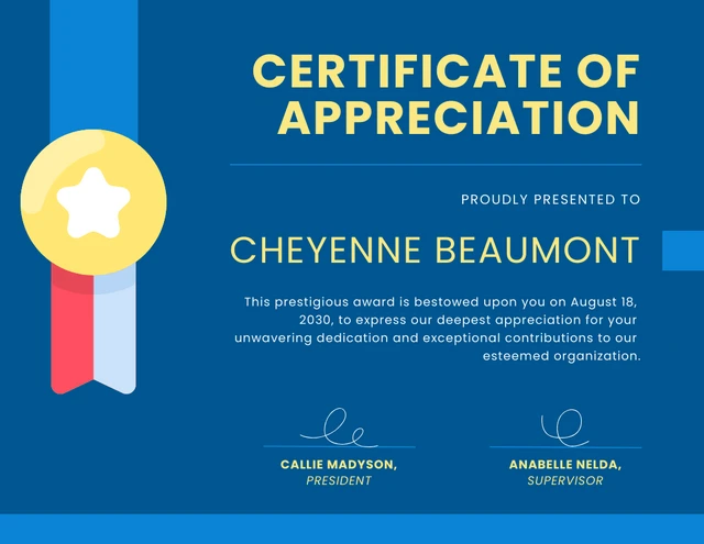 Blue Minimalist Appreciation Certificate Template