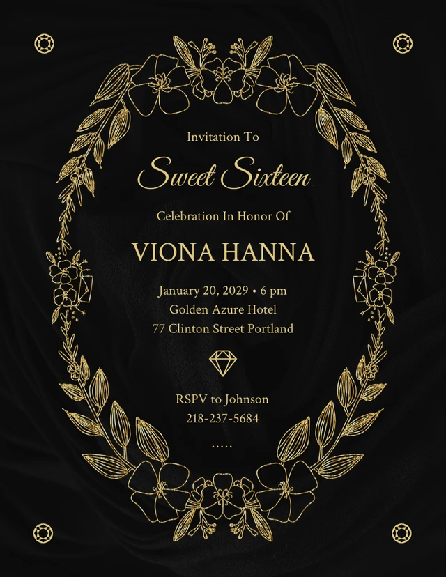 Black And Gold Classic Elegant Sweet 16 Invitation Template