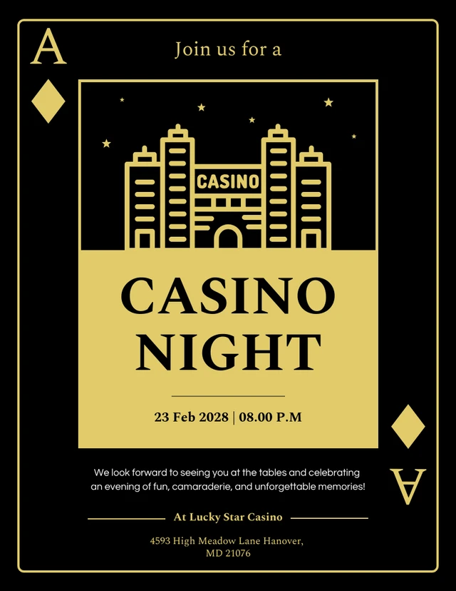 Minimalistische schwarz-goldene Casino-Einladungsvorlage
