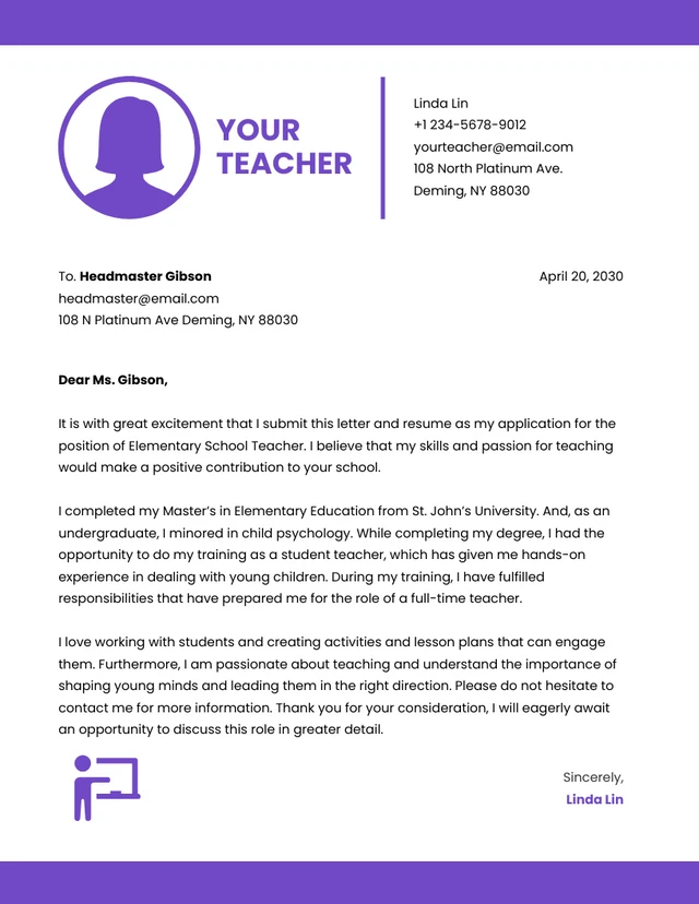 Purple And White Minimalist Professional Business Teacher Letterhead