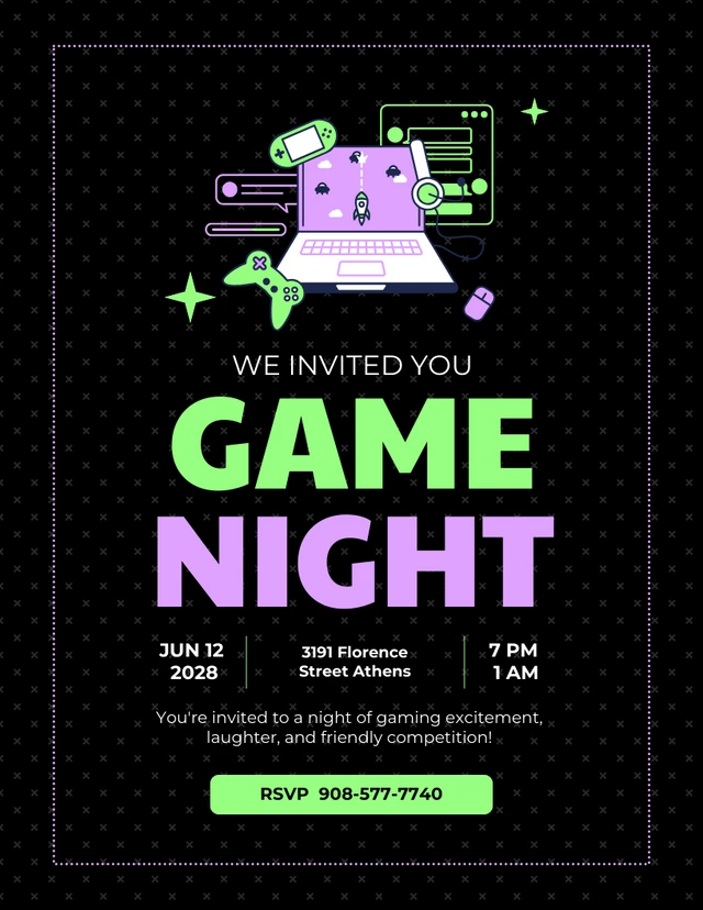 Dark Neon Game Night Invitation Letter Template