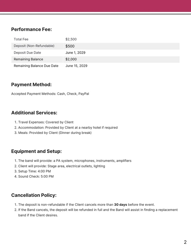 Wedding Band Contract Template - Seite 2