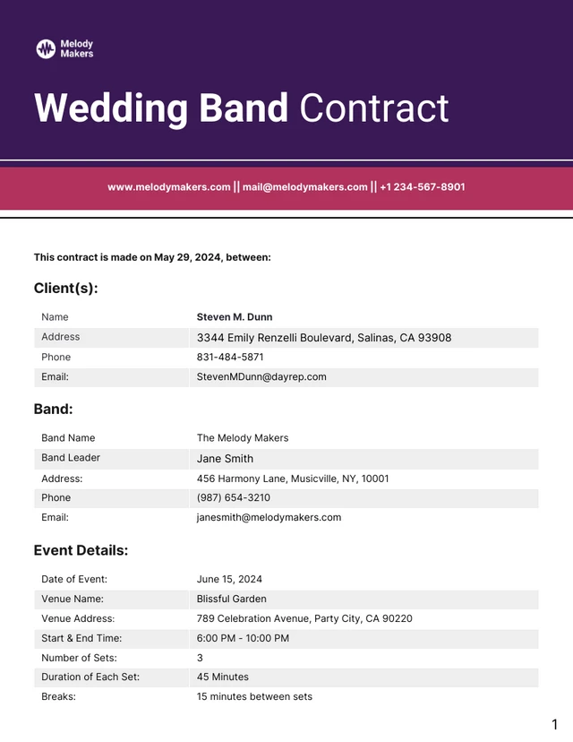 Wedding Band Contract Template - Pagina 1