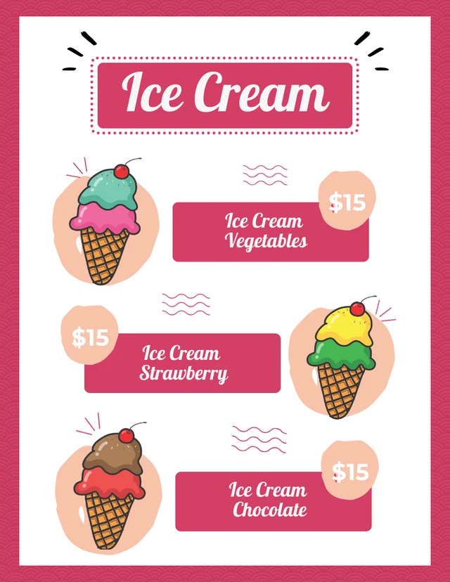 Magenta And White Modern Playful Illustration Ice Cream Dessert Menu Template