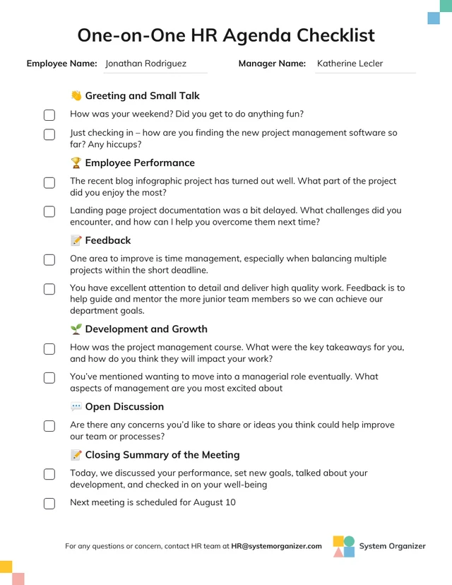 1:1 Agenda Human Resource Itinerary Checklist Template