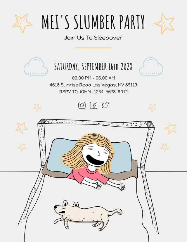 Grey Cheerful Cute Illustration Sleepover Slumber Party Invitation Template
