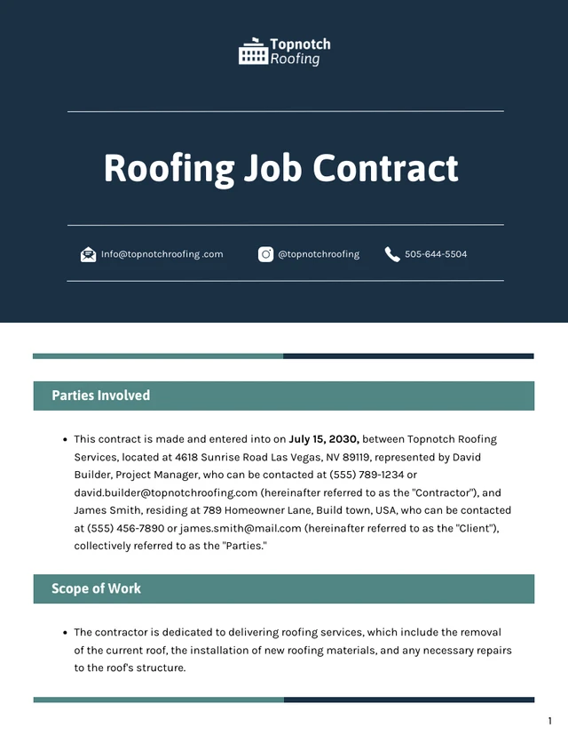 Roofing Job Contract Template - page 1