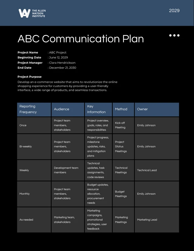 Dark Monochrome Project Communication Plan Template