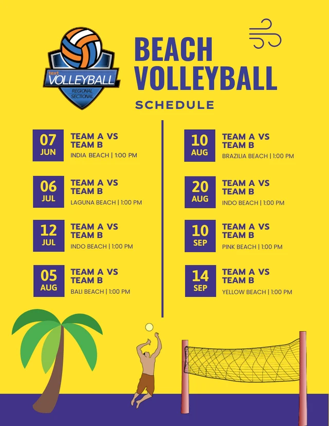 Yellow And Blue Modern Illustration Beach Volleyball Schedule Template