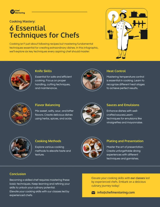 6 techniques essentielles pour les chefs : modèle d'infographie de cuisine