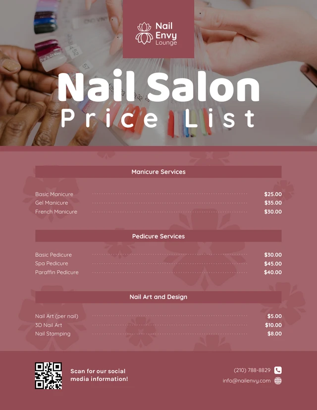 Red and White Simple Nail Salon Price Lists Template