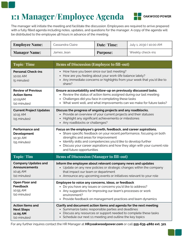 Modèle d'agenda des employés du gestionnaire 1:1 de l'entreprise