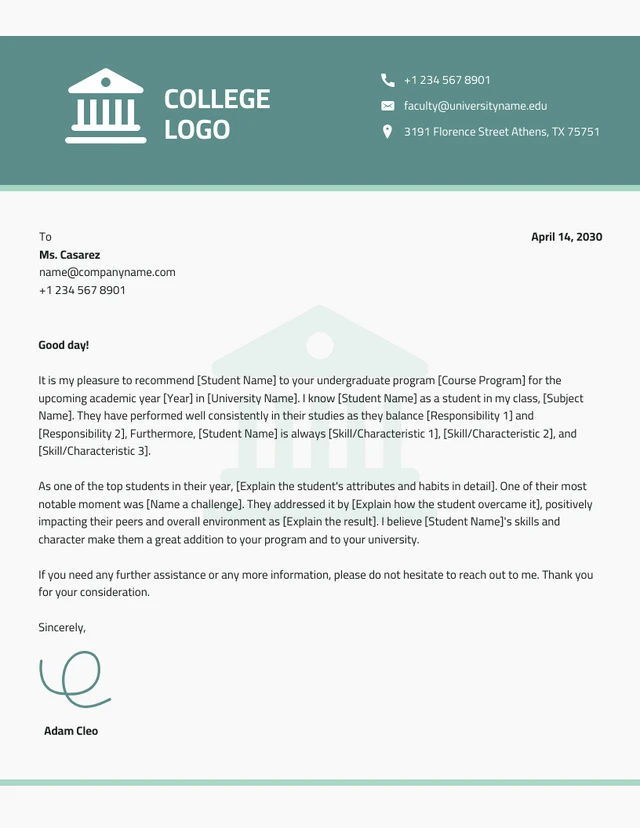 Broken White And Green Teal Simple Professional College Letterhead
