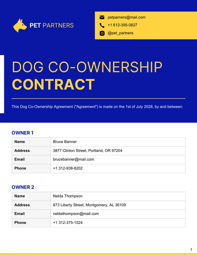 Dog Co-Ownership Contract Template - Pagina 1