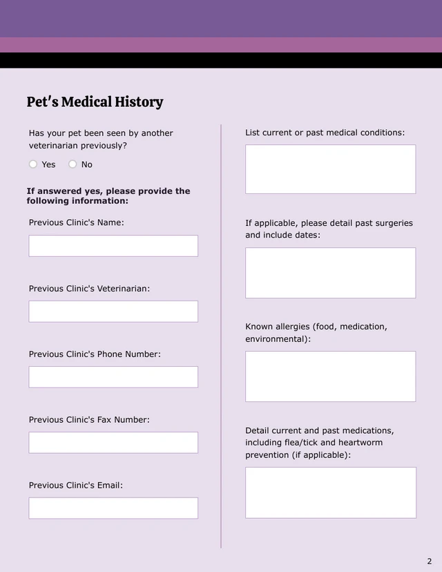 Veterinary Patient History Form Template - Page 2