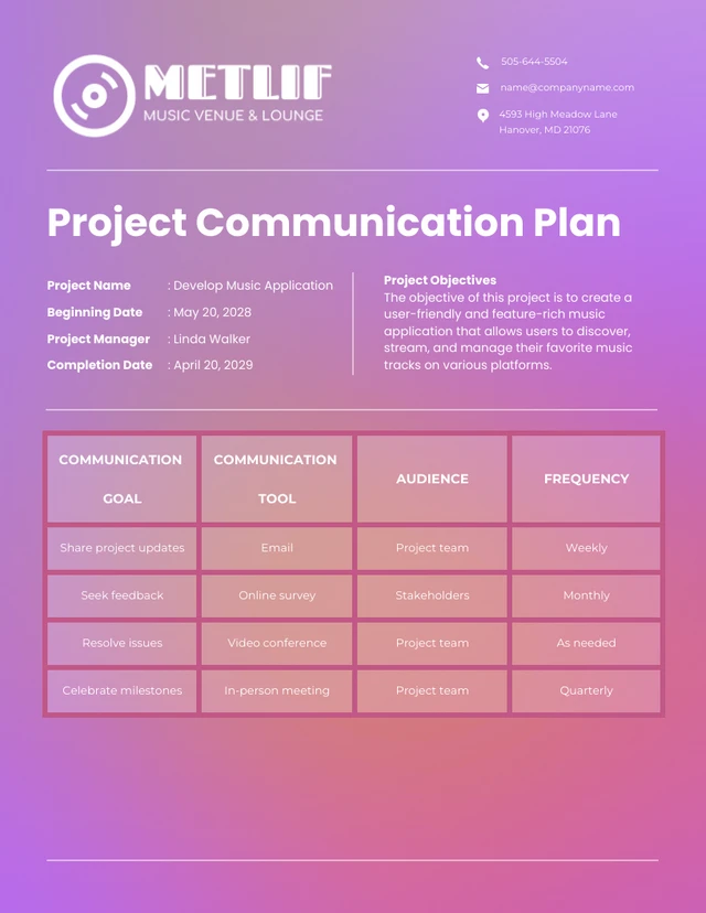 Purple Gradient Music Project Communication Plan Template