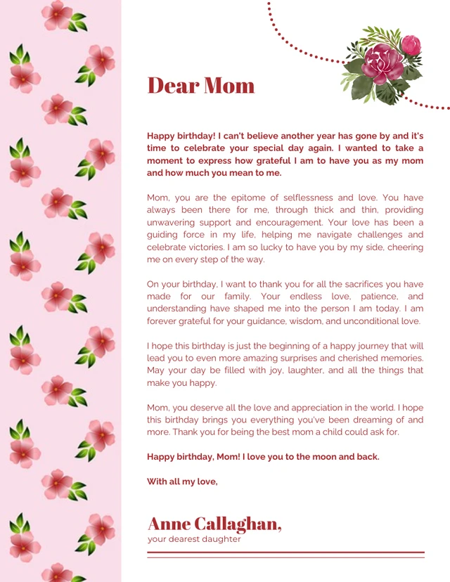 Pink Rose Floral Mom Birthday Letterhead