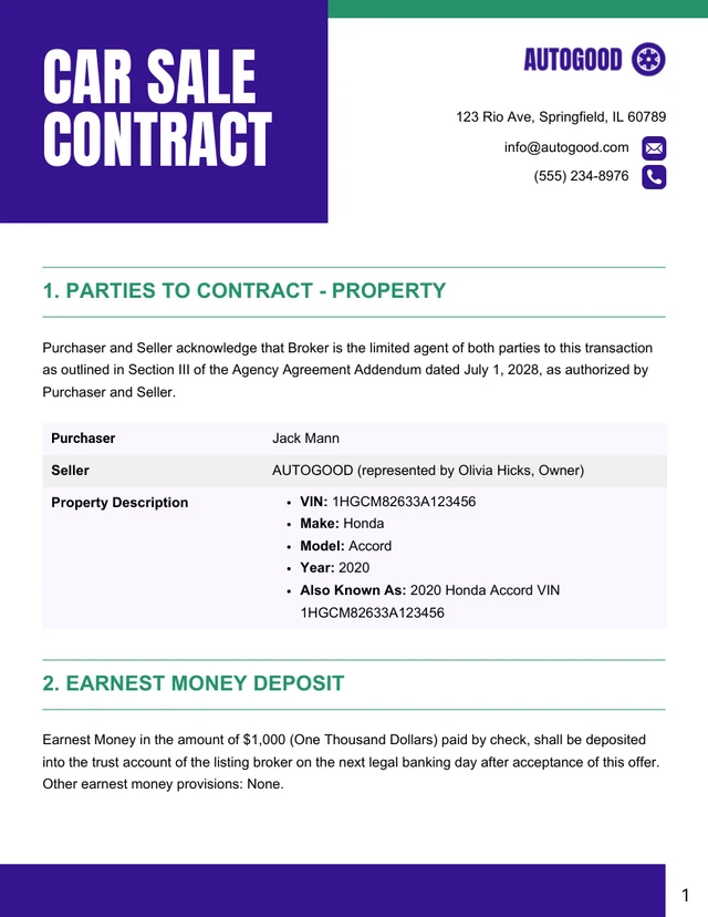 Car Sale Contract Template - page 1