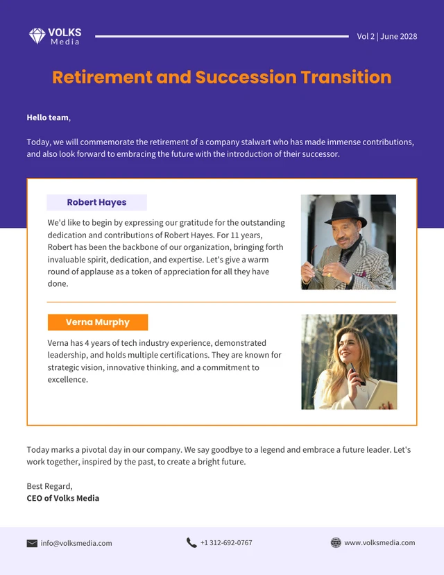 Modelo de boletim informativo por e-mail de transição de aposentadoria e sucessão
