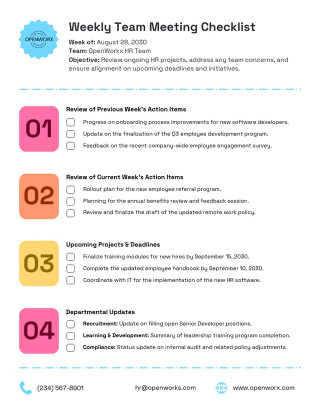 Weekly Team Meeting Topic Work Checklist Template - page 1