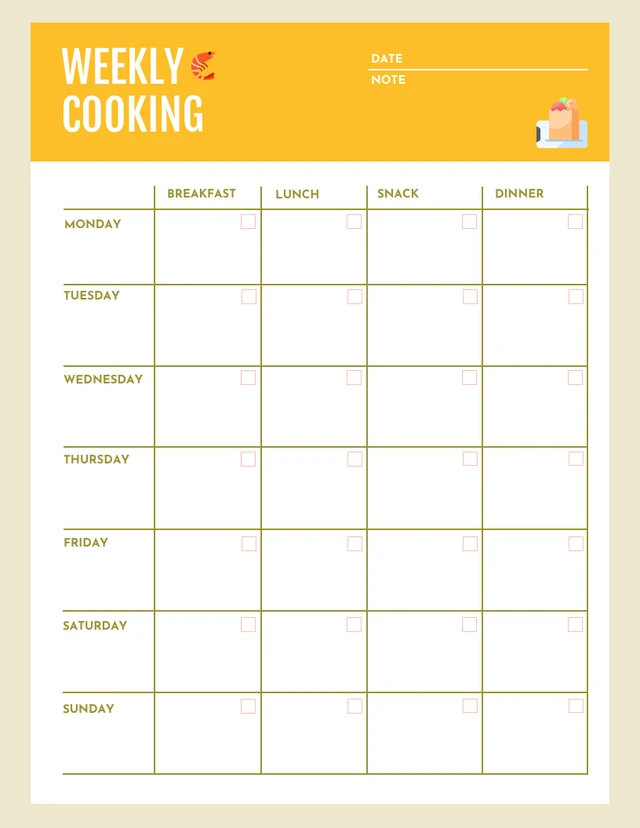 Yellow And Beige Weekly Cooking List