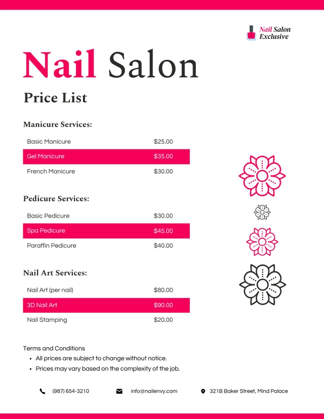 Minimalist Clean Exclusive Nail Salon Price Lists Template