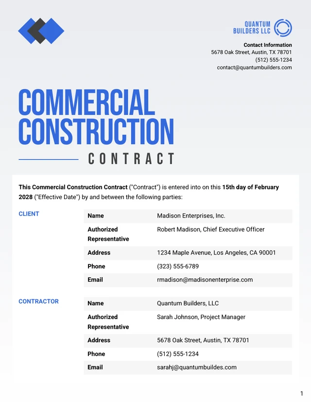 Commercial Construction Contract Template - Page 1