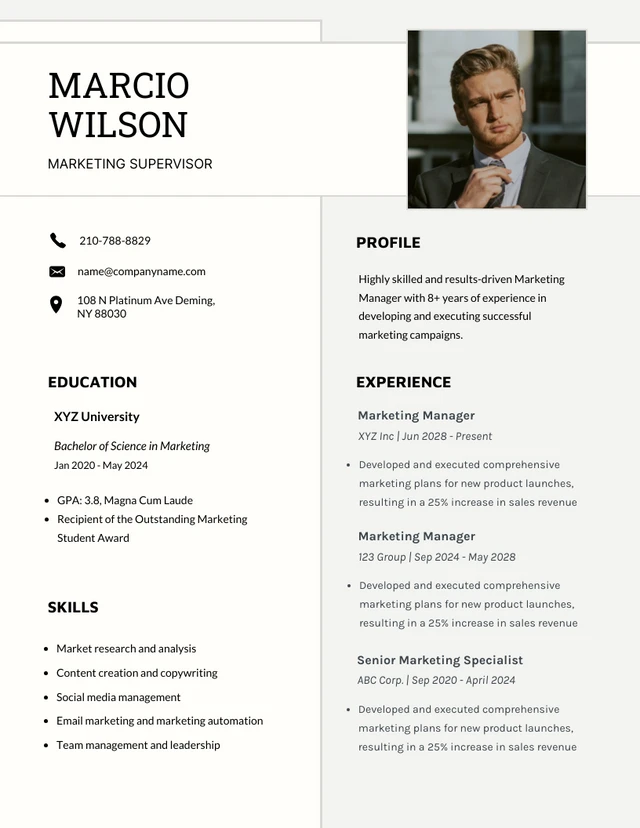 White and Cream Simple Marketing Resume Template