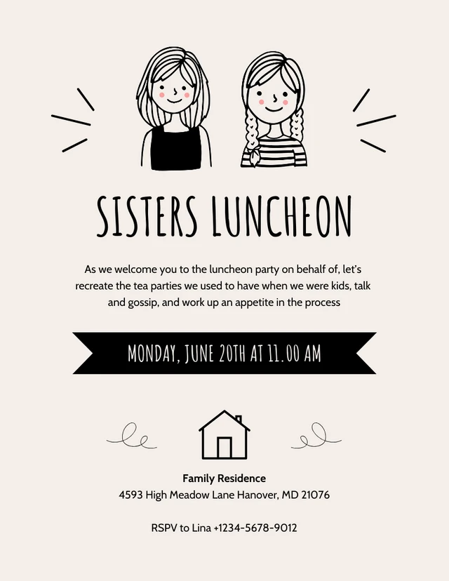 Beige und schwarze einfache Illustrations-Schwester-Lunch-Einladungsvorlage