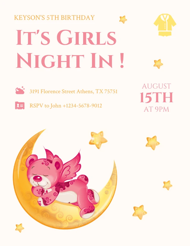 Pink Cheerful Illustration Cute Bear Sleepover Invitation Template