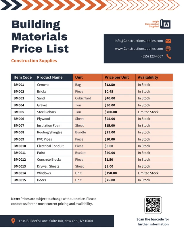 Modèle de liste de prix des matériaux de construction