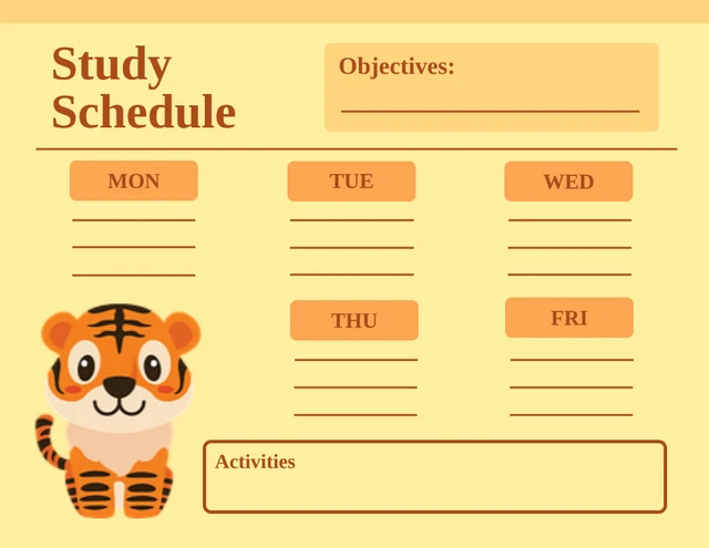 Light Yellow Simple Tiger Theme Study Schedule Template