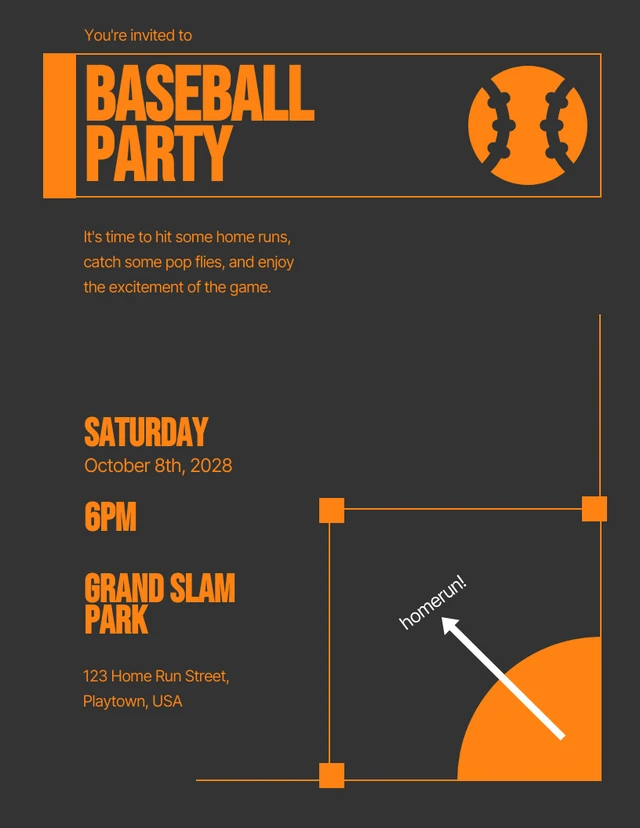 Simple Dark Orange Baseball Party Invitation Template