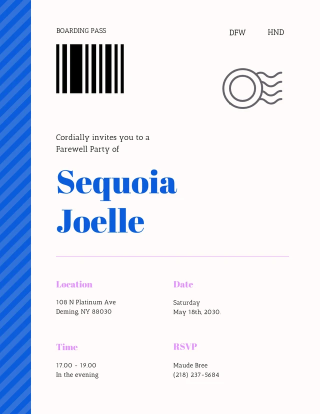 Cream Blue and Pink Boarding Pass Invitation Letter Template