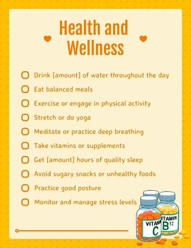 Yellow Simple Health And Wellness Daily Checklist Template