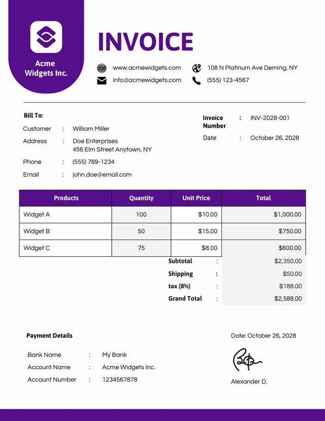 Purple and White Simple Commercial Invoice Template