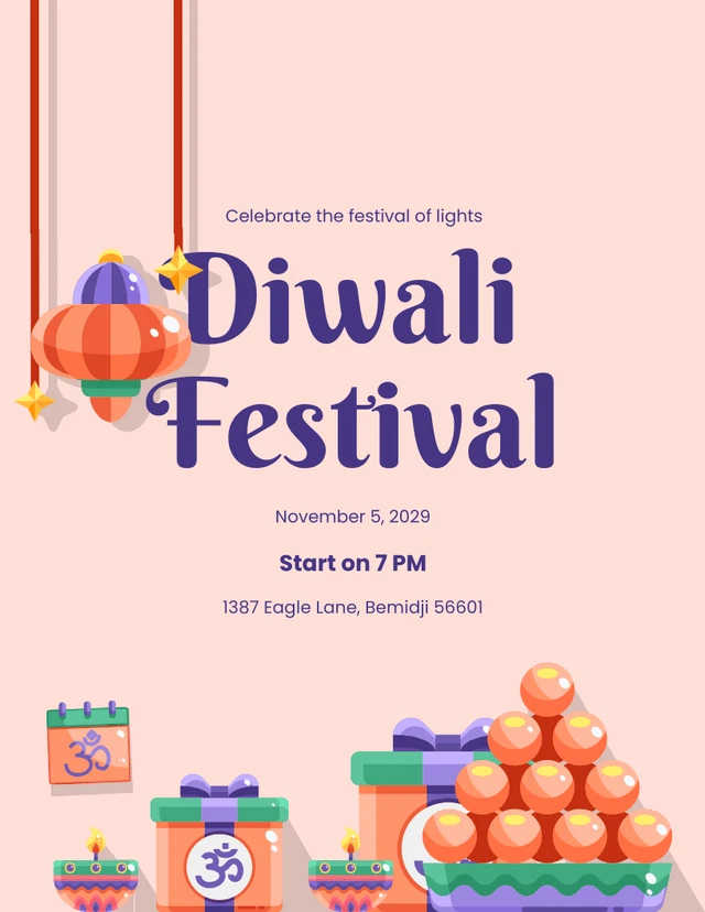 Modèle d'invitation simple Diwali violet et orange doux