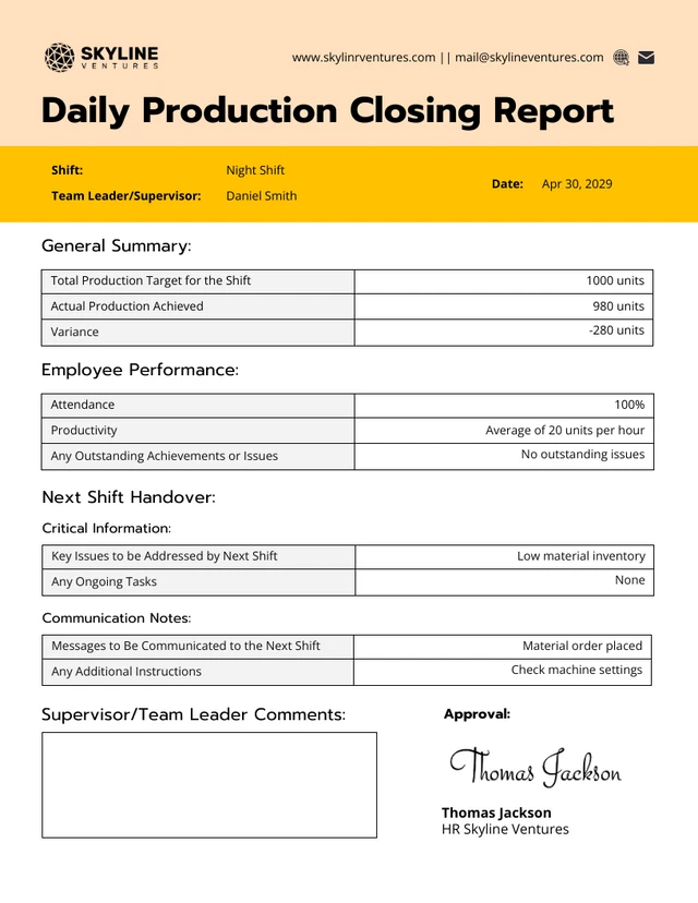 Modèle de rapport de clôture de production quotidien