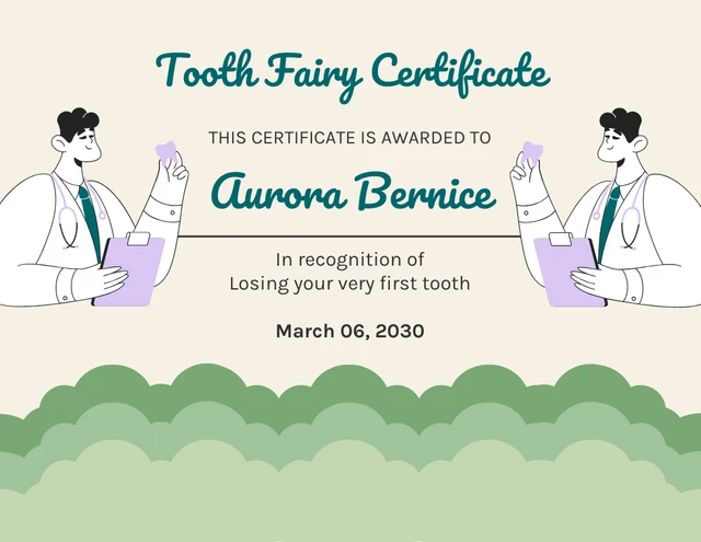Light Yellow And Green Modern Illustration Tooth Fairy Certificate Template